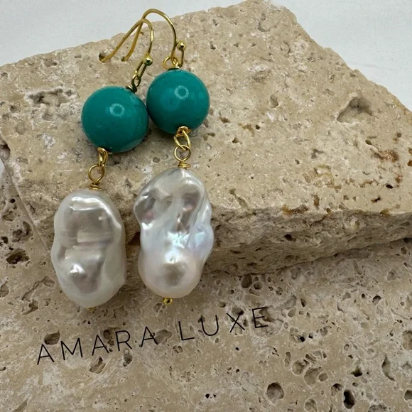 Turquoise & Keshi Baroque Pearl Dangles - Picture 8 of 9
